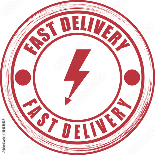 Red fast delivery stamp with lightning bolt conveys speed and efficiency in shipping services
