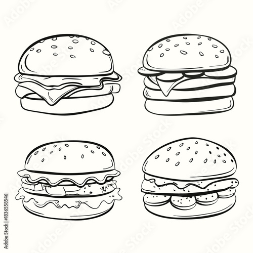 Four burger sketches present different styles with seed buns and varied fillings