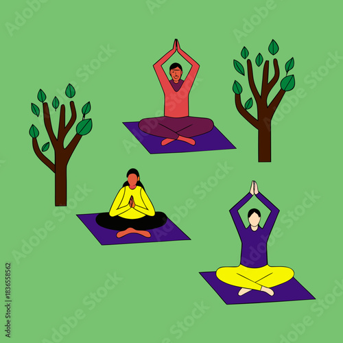People practicing yoga outdoors with trees