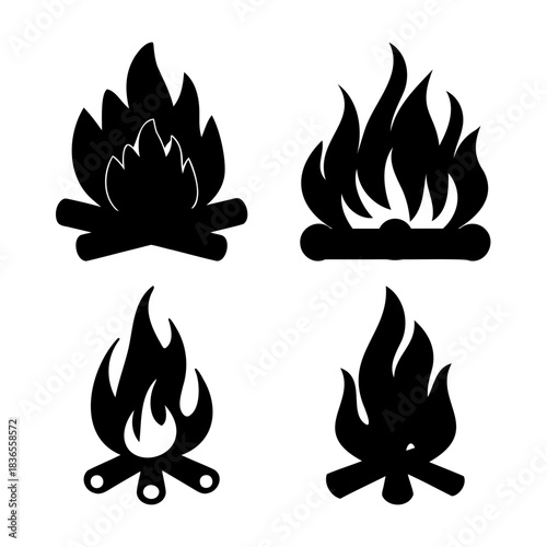 Collection of diverse campfire and bonfire silhouette icon set