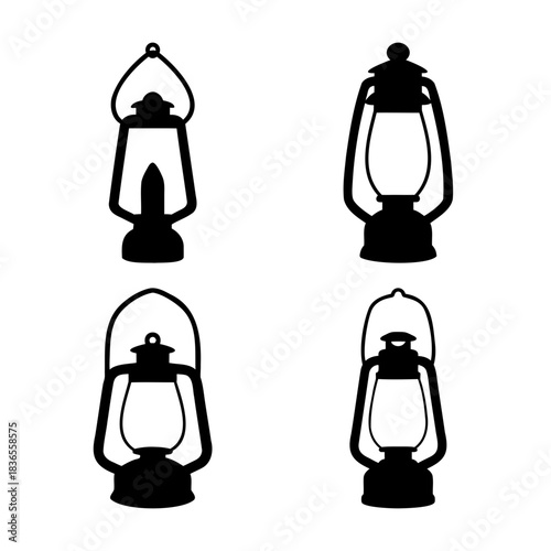 Classic oil lantern silhouettes, vector antique lamp icons set.