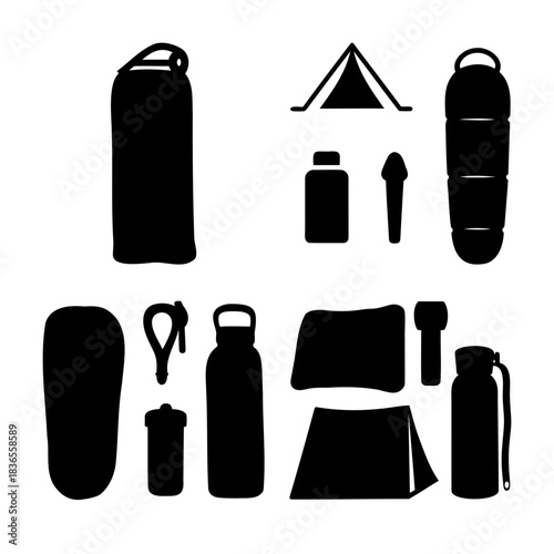 Outdoor camping and hiking equipment silhouettes vector set