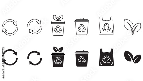 Recycling and Eco-Friendly Icons Set – Sustainability, Waste Management, and Green Energy Vector Collection