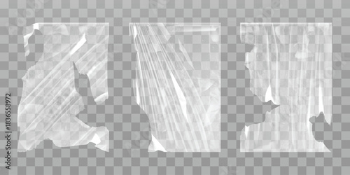 Transparent wrinkled plastic wrap texture, torn film with reflective gloss