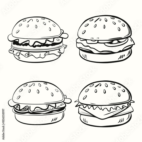 Four monochrome hamburger sketches exhibit various toppings and bun styles on a simple background