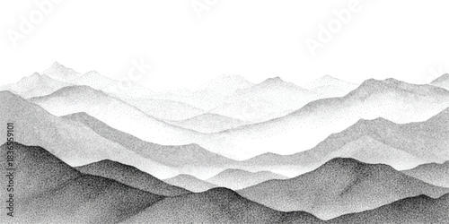 Stippled ink wash style mountain landscape with fading layers, minimalist artwork