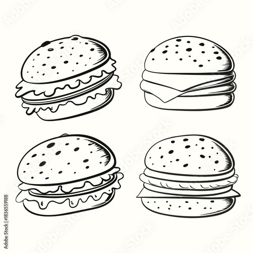 Simple line drawing showing four diverse monochrome burgers ready to eat and serve