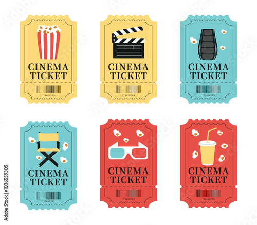 Set of retro cinema tickets with movie-themed illustrations including popcorn, film reel, clapperboard, vintage camera, 3D glasses, and spotlight. Colorful vintage-style movie ticket collection