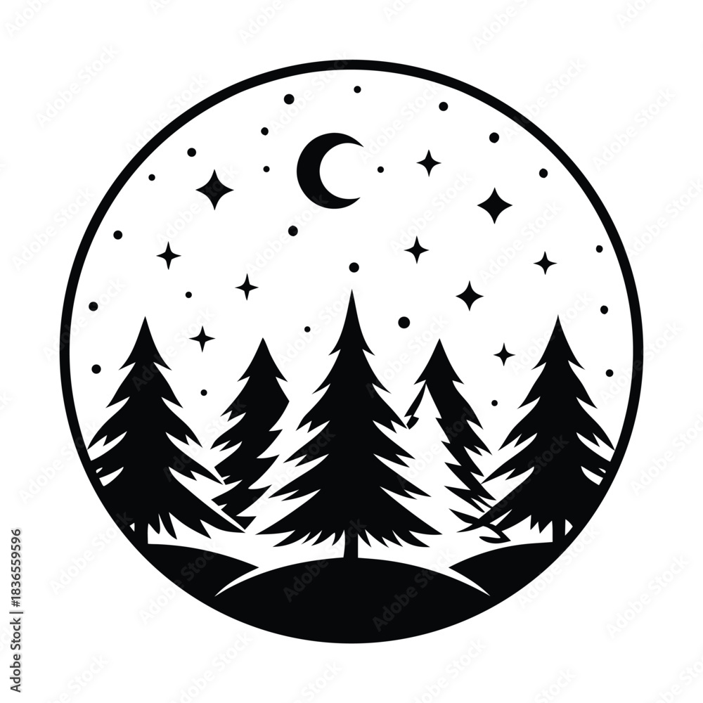 Fototapeta premium Silhouette trees stand under a crescent moon and twinkling stars in the night