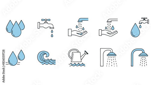 Water and Conservation Icons Set – Droplet, Faucet, and Eco Sustainability Vector Collection