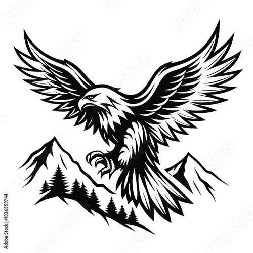 Powerful eagle soars above mountain peaks with its wings spread wide in black and white