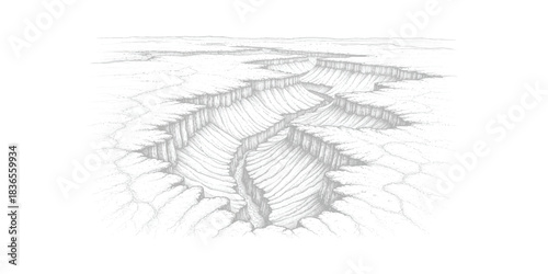 Intricate network of deep eroded canyons in a vast dry cracked landscape