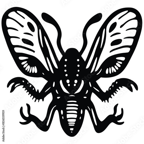 Stylized black figure with outstretched bat wings creates a bold, symmetrical, impactful composition