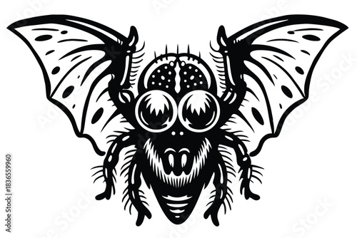 Batwinged spider displays its striking silhouette and elaborate features in a monochrome scene