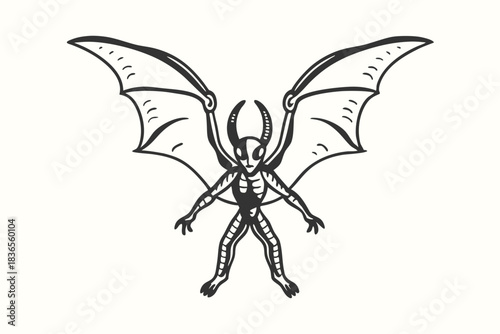 Sketch reveals a monster character with wings and horns standing straight on an off white backdrop