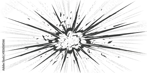 Abstract black and white comic explosion burst with radial lines and dispersed fragments.