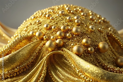 Opulent golden fabric draped over a textured mound with spheres