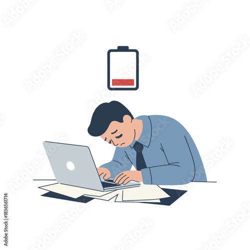 Exhausted person at laptop with low battery for burnout fatigue tired overworked stress work exhaustion mental health branding design