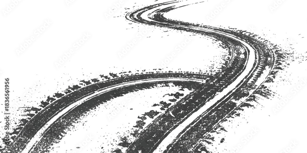 Fototapeta premium Winding tire tracks texture on clean white surface, abstract grunge element