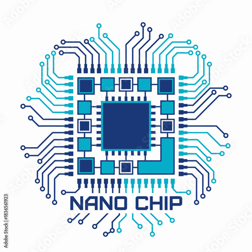 Microchip circuit board with connections for technology electronics processor semiconductor computing hardware engineering branding design