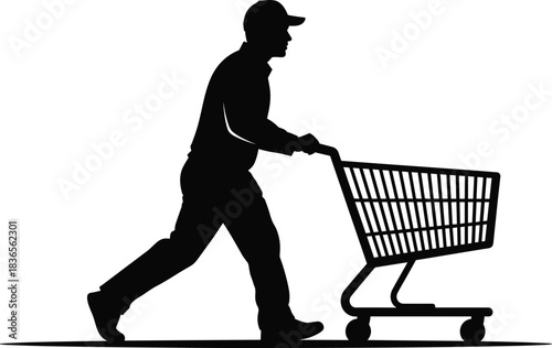 Shopping cart silhouette, retail activity icon, consumer behavior gesture, black illustration, commerce symbol, walking shopper pose, market interaction, purchasing moment, store lifestyle
