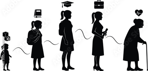 Woman life stages silhouette, childhood to old age, personal growth icon, black illustration, career and health timeline, female development phases, aging concept
