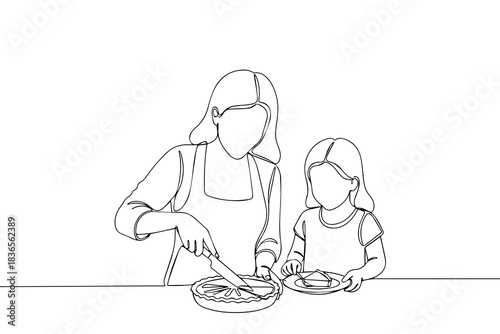 continuous line drawing of mother cooking with daughter in the kitchen.one line drawing of mother and daughter preparing food in the kitchen.single line vector illustration