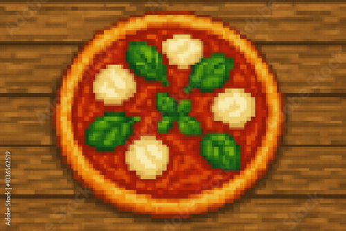 Pixel Art Pizza Margarita. 8 bit. Game development, mobile app. Isolated vector illustration.