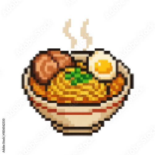 Cute Pixel Art Ramen Bowl with Pink Cheeks and Steam, Isolated on White Background