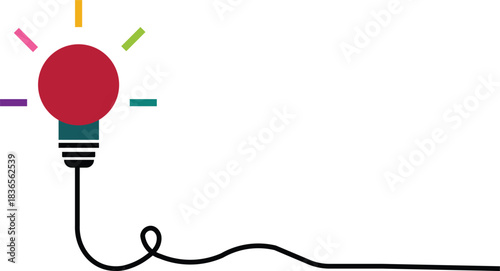 creative light bulb idea illustration with colorful rays and curved wire connection isolated on white background.