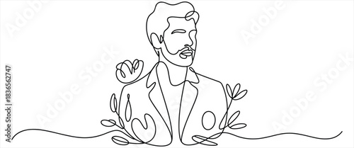 Elegant oneline drawing of a man in a suit with florals