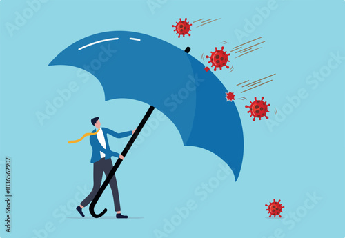 COVID-19 Coronavirus outbreak financial crisis help policy, company and business to survive concept, businessman leader stand safe by cover himself with big umbrella from COVID-19 Coronavirus pathogen