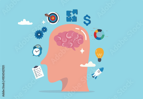 Genius or expert to develop or learning new skills, brainstorming, knowledge or wisdom, competence or intelligence to improve capability concept, human brain with success business management elements.