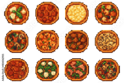 A collection of pizza with pixel art style retro game. no shadows. On a plain white background.