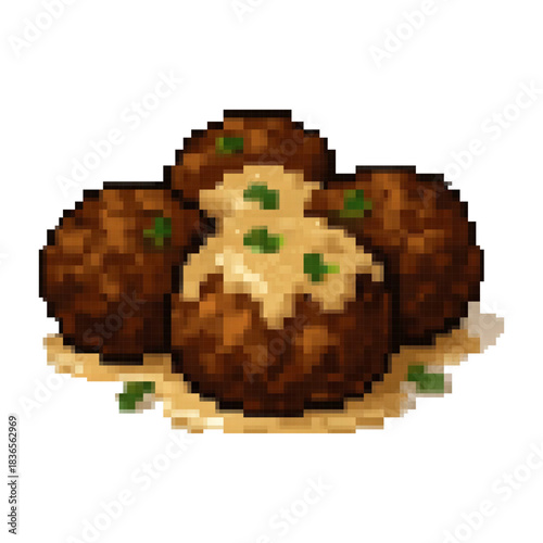 meatballs pixel art 8 bit. Food pixelated vector illustration