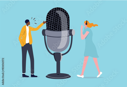 Podcast in episodic series of digital audio records broadcast or streaming via internet for easy listeners, professional podcasters man and woman talk with big podcast microphone and wearing headphone