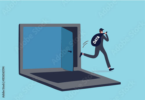 Computer hacker, cyber security, online ransomware or malware to steal personal data from computer, criminal man thief holding bag with the word DATA running away from secret door on laptop computer.