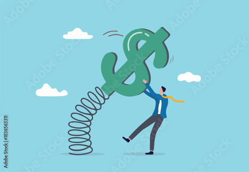 Stock market volatility and fluctuation, market swing by greed and fear of investor or financial investment risk concept, businessman investor trying to grab and pull dollar money sign tie with spring