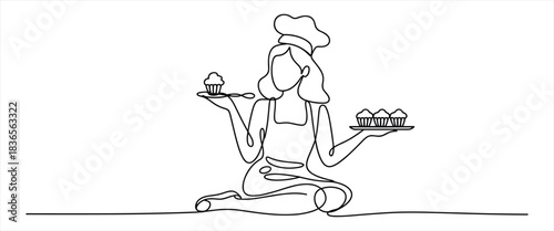 Minimalist line art drawing of pastry chef presenting cupcakes elegantly