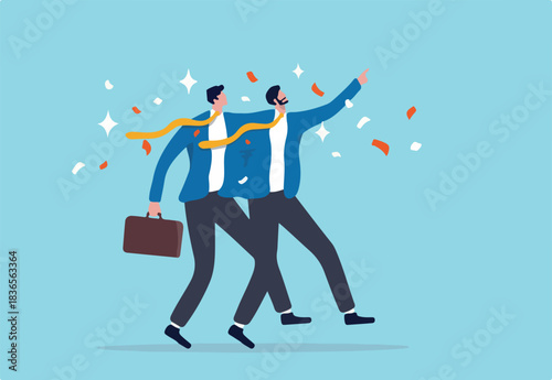 Merger and acquisition, company join force or partnership working together for new opportunity and successful concept, businessmen merging together celebrating and ambitious for bright future.