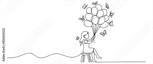 Minimalist line drawing of girl sitting with balloons and butterflies