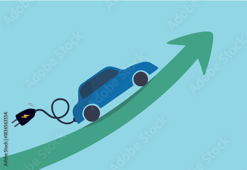 Electric car stock pice soaring, EV, electric vehicle earning and profit increase in new economy stock market concept, Electric car with plug-in cruising on rising up green stock market arrow graph. 