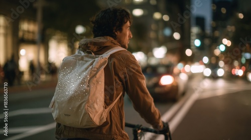 Fototapeta Naklejka Na Ścianę i Meble -  Young man riding a bicycle on a city street at night. he is wearing a brown jacket and has a large backpack on his back. the backpack is beige in color and has small white dots on it.