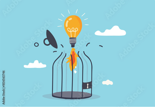 Unleash creativity or unlock business idea to grow beyond limitation concept, lightbulb creative idea breaking birdcage with launching rocket booster.