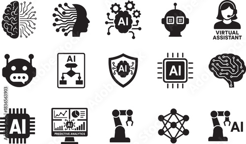 AI silhouette icon set featuring machine learning, robotics and digital technology symbols.