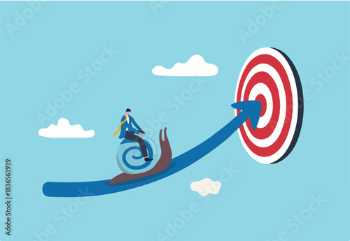 Slow business progress, laziness or procrastination, unproductive or efficiency concept, tried businessman riding snail slow walking on arrow to reach target