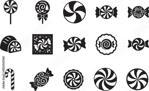   Christmas candy icons with peppermint swirl patterns, festive bold silhouette vector set.