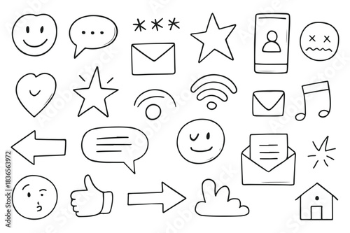 Hand Drawn Doodle UI Icon Set for Digital Communication and Social Media Design