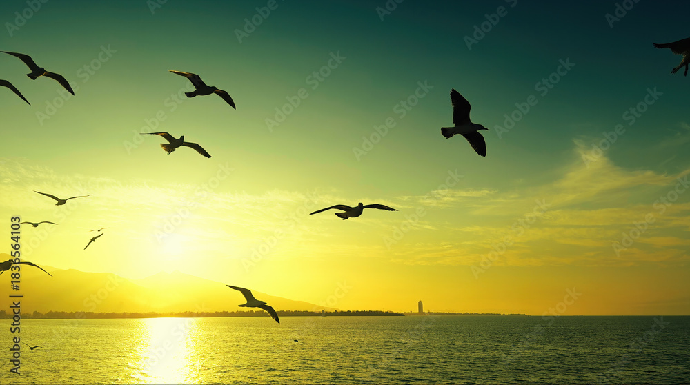 Fototapeta premium Animal Bird Seagulls Flying in a Sunny Daylight