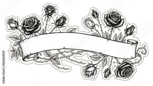 Elegant floral banner with roses in black and white for greetings and messages